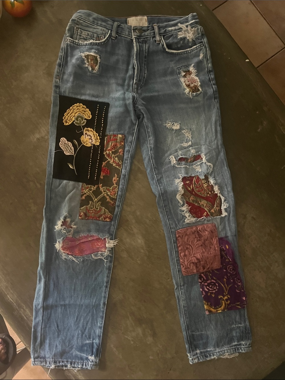Free People Light Blue Distressed Boyfriend Jeans with Mixed Fabric Patches